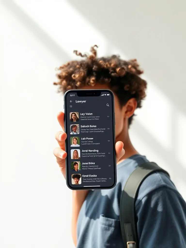A user browsing a list of available lawyers within the Lawyer App, viewing their profiles and selecting one to contact.